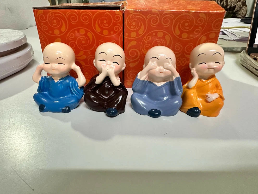 Set of 4 Mini Monk Showpieces — Home Decor, Car Dashboard & Desk Statues