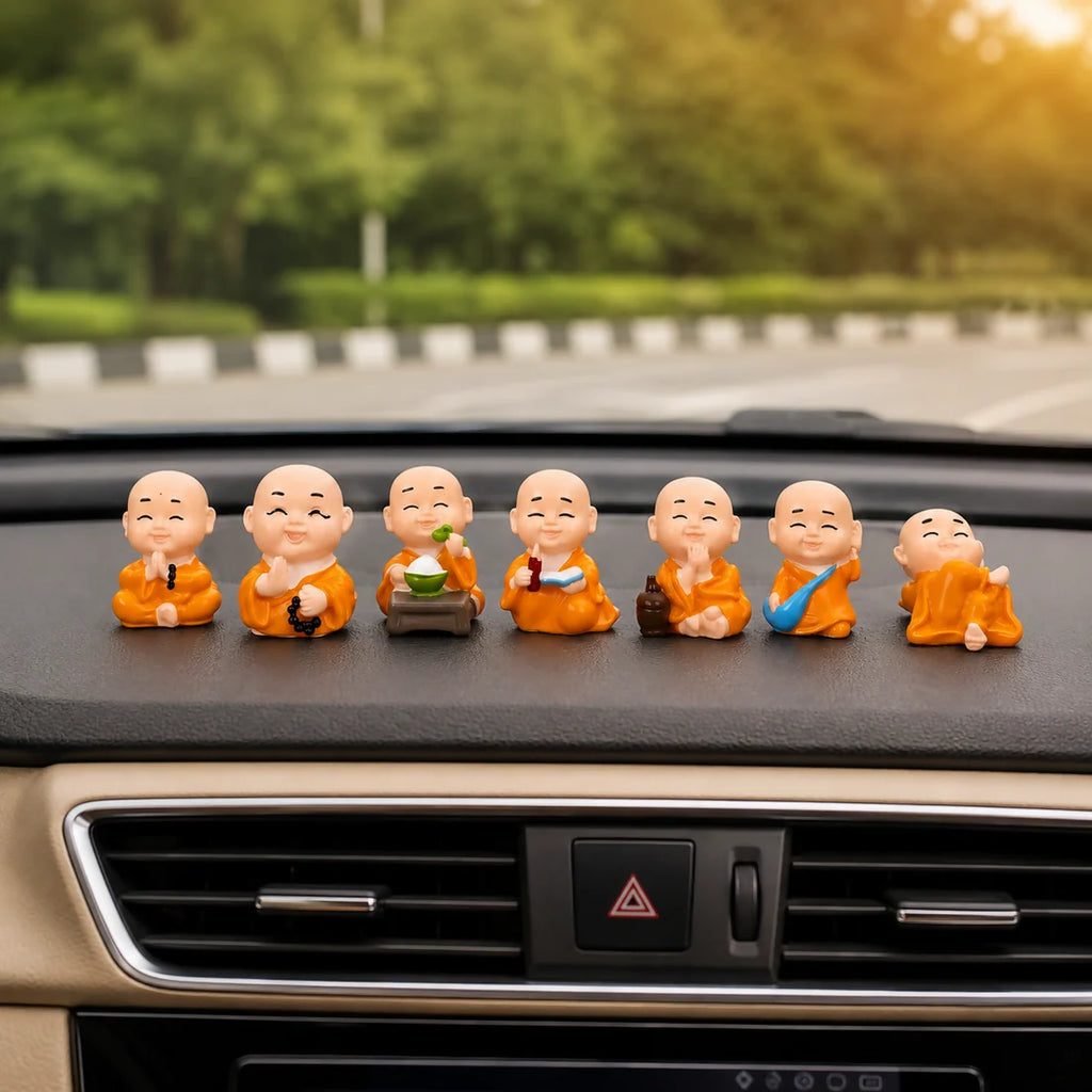 Laughing Monk Figurines Set of 8 — Resin Dashboard & Home Decor Statues
