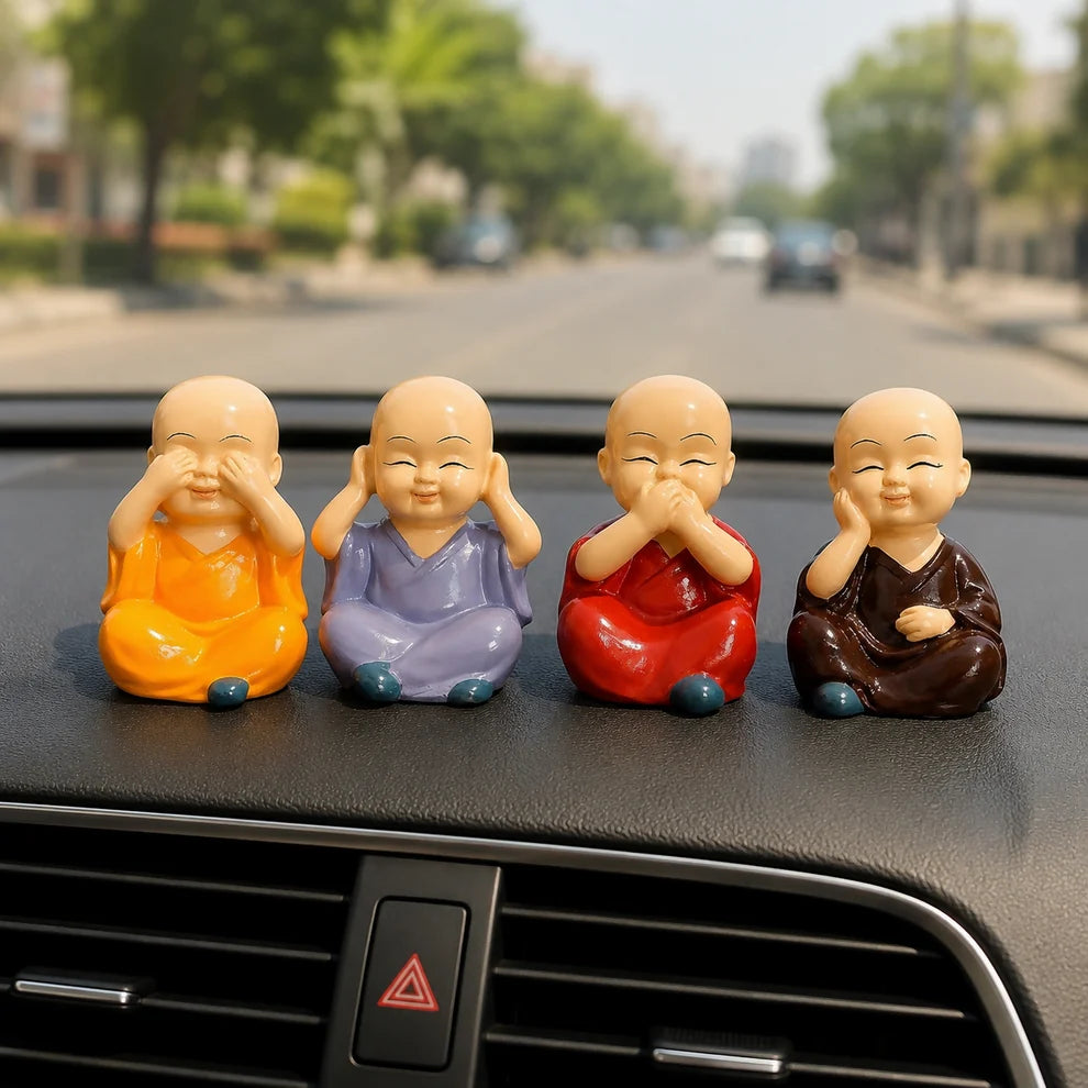 Set of 4 Mini Monk Showpieces — Home Decor, Car Dashboard & Desk Statues