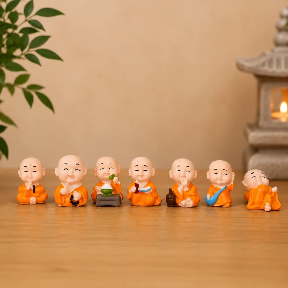 Laughing Monk Figurines Set of 8 — Resin Dashboard & Home Decor Statues