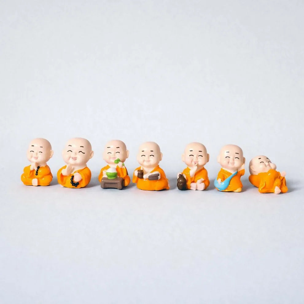 Laughing Monk Figurines Set of 8 — Resin Dashboard & Home Decor Statues