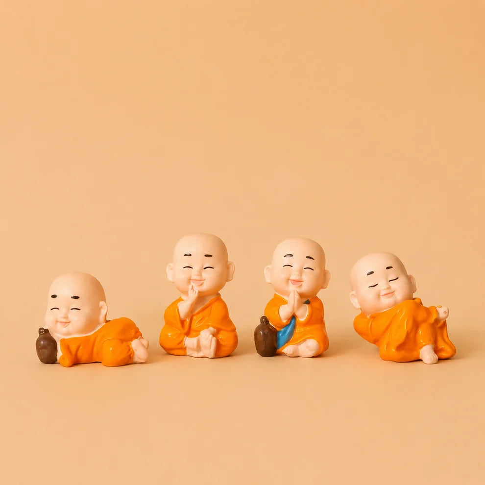 Laughing Monk Figurines Set of 8 — Resin Dashboard & Home Decor Statues