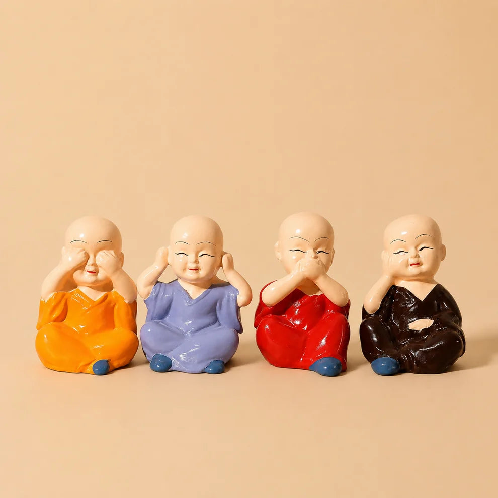Set of 4 Mini Monk Showpieces — Home Decor, Car Dashboard & Desk Statues